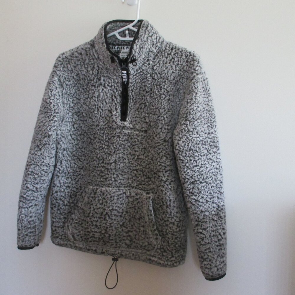 VS Pink Teddy Bear Fleece Gray Black Sherpa 1/4 Zip Pullover Women's Size XS